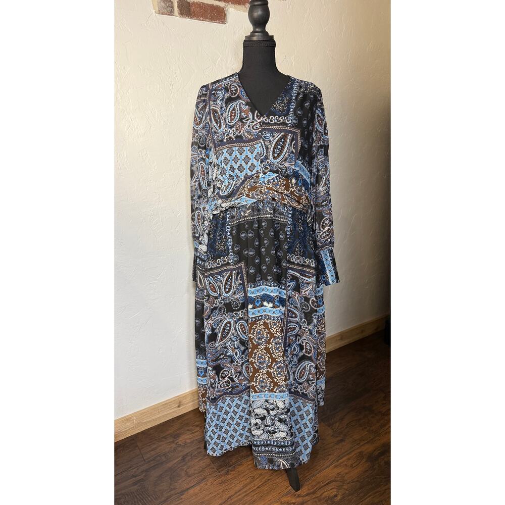 Julia Jordan Brown and Blue Paisley Patchwork Midi Dress Womens Size 14